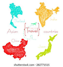 A set of maps Asian tourist countries drawn manually: Thailand, China, Japan, India. Time to travel.