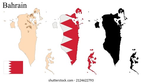 Set of maps of Bahrain. Flag on the map. Silhouette of the card. Vector illustration