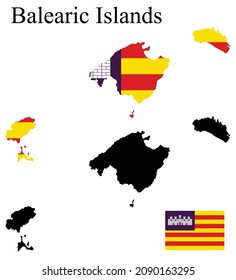 Set of maps of Balearic Islands of Spain. Flag on the map. Silhouette of the card. Vector illustration