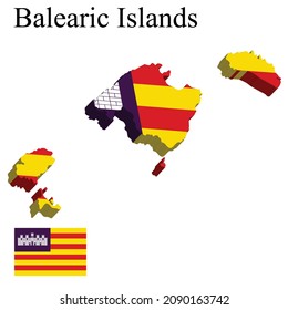 Set of maps of Balearic Islands of Spain. Flag on the map. Silhouette of the card. Vector illustration