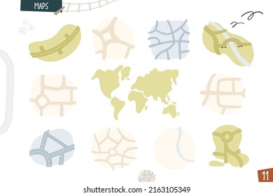 Set of maps. Cartoon funny creator illustration isolated on white background. Vector art collection