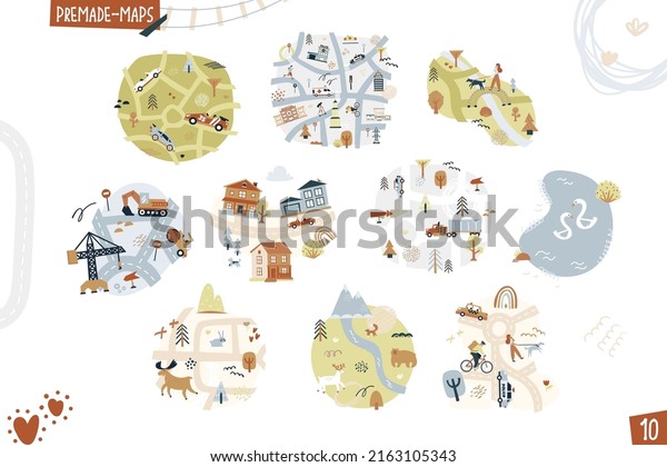 Set of maps. Cartoon funny\
illustration isolated on white background. Vector art\
collection