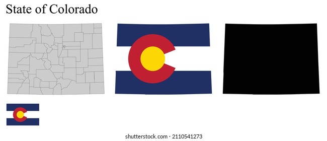 Set of maps of Colorado (USA). Flag on the map. Silhouette of the card. Vector illustration