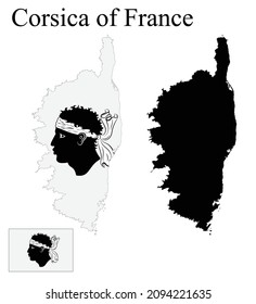 Set of maps of Corsica of France. Flag on the map. Silhouette of the card. Vector illustration