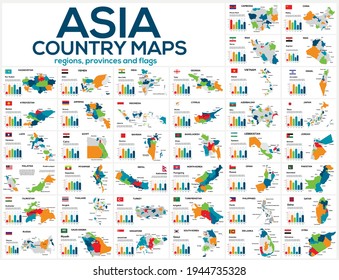 Conjunto de mapas de los países de Asia. Imagen de mapas globales en forma de regiones de los países de Asia. Banderas de países. Infografía de la línea de tiempo. Fácil de editar