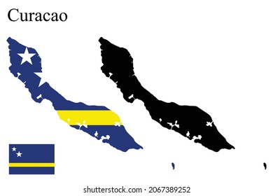 Set of maps of Curacao. Flag on the map. Silhouette of the card. Vector illustration