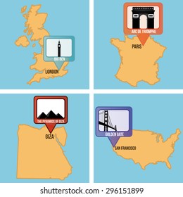 Set of maps with different famous locations. Vector illustration