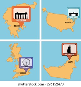 Set of maps with different famous locations. Vector illustration