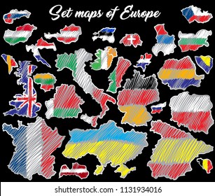 Set of maps of Europe. Vector sketch style. Vector flags of the country of Europe for use in collages, for print, digital