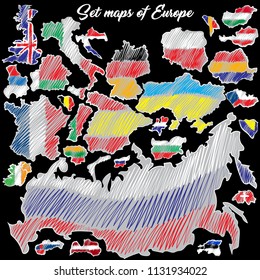Set of maps of Europe. Vector sketch style. Vector flags of the country of Europe for use in collages, for digital, print