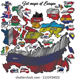 Set of maps of Europe. Vector sketch style. Vector pattern flags of the country of Europe for use in collages, for digital, print