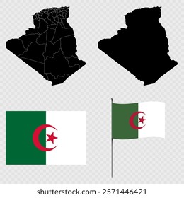 Set of maps, flag and flagpole of Algeria. Vector illustration.