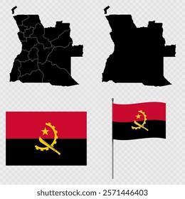 Set of maps, flag and flagpole of Angola. Vector illustration.