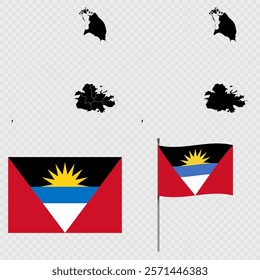 Set of maps, flag and flagpole of Antigua and Barbuda. Vector illustration.