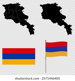 Set of maps, flag and flagpole of Armenia. Vector illustration.