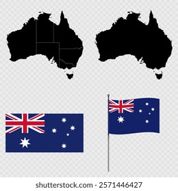 Set of maps, flag and flagpole of Australia. Vector illustration.