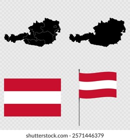 Set of maps, flag and flagpole of Austria. Vector illustration.