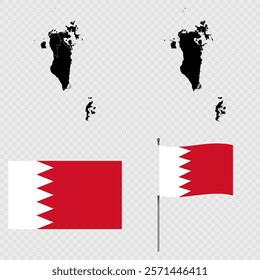 Set of maps, flag and flagpole of Bahrain. Vector illustration.