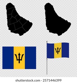 Set of maps, flag and flagpole of Barbados. Vector illustration.