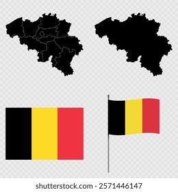 Set of maps, flag and flagpole of Belgium. Vector illustration.