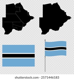 Set of maps, flag and flagpole of Botswana. Vector illustration.