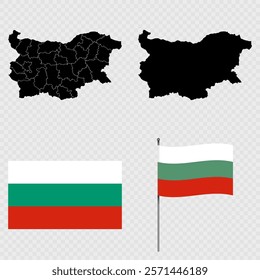 Set of maps, flag and flagpole of Bulgaria. Vector illustration.
