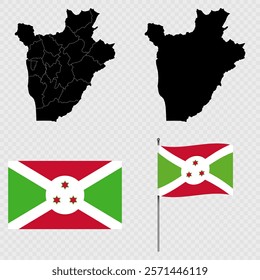 Set of maps, flag and flagpole of Burundi. Vector illustration.