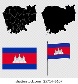 Set of maps, flag and flagpole of Cambodia. Vector illustration.