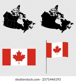 Set of maps, flag and flagpole of Canada. Vector illustration.