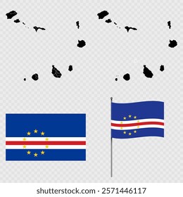 Set of maps, flag and flagpole of Cape Verde. Vector illustration.