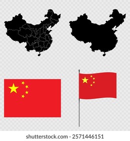 Set of maps, flag and flagpole of China. Vector illustration.