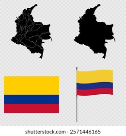 Set of maps, flag and flagpole of Colombia. Vector illustration.