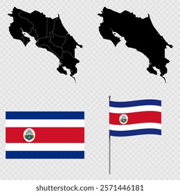 Set of maps, flag and flagpole of Costa Rica. Vector illustration.