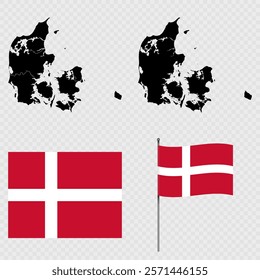 Set of maps, flag and flagpole of Denmark. Vector illustration.