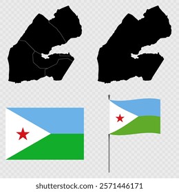 Set of maps, flag and flagpole of Djibouti. Vector illustration.