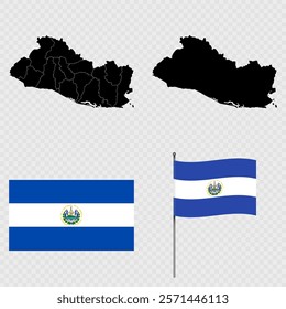 Set of maps, flag and flagpole of El Salvador. Vector illustration.