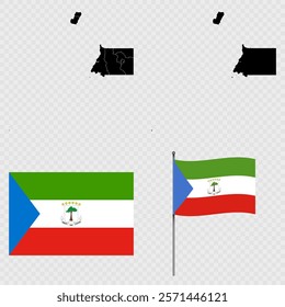 Set of maps, flag and flagpole of Equatorial Guinea. Vector illustration.