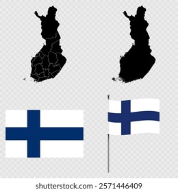 Set of maps, flag and flagpole of Finland. Vector illustration.