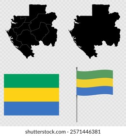 Set of maps, flag and flagpole of Gabon. Vector illustration.
