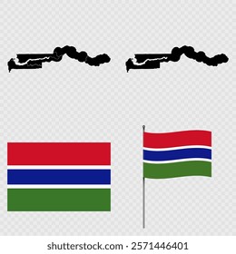 Set of maps, flag and flagpole of Gambia. Vector illustration.