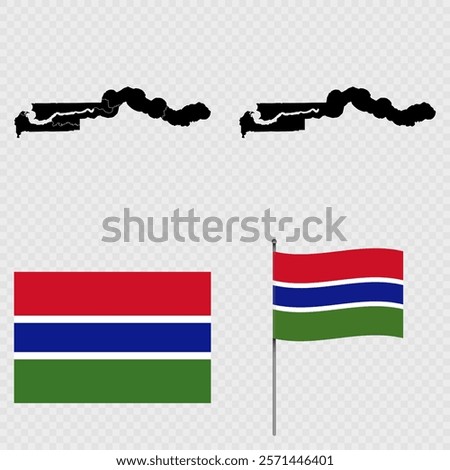 Set of maps, flag and flagpole of Gambia. Vector illustration.