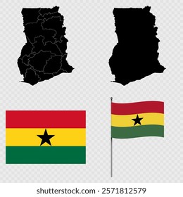 Set of maps, flag and flagpole of Ghana. Vector illustration.