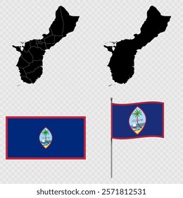 Set of maps, flag and flagpole of Guam. Vector illustration.
