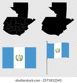 Set of maps, flag and flagpole of Guatemala. Vector illustration.
