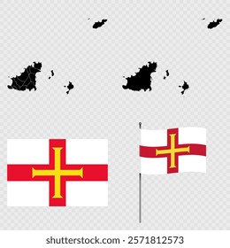 Set of maps, flag and flagpole of Guernsey. Vector illustration.