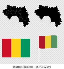 Set of maps, flag and flagpole of Guinea. Vector illustration.