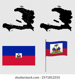 Set of maps, flag and flagpole of Haiti. Vector illustration.