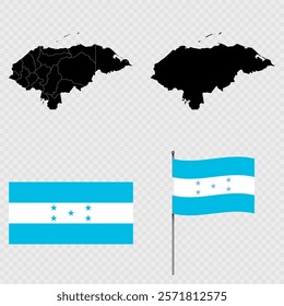 Set of maps, flag and flagpole of Honduras. Vector illustration.