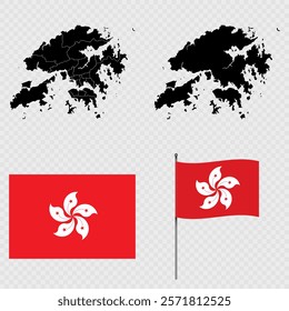 Set of maps, flag and flagpole of Hong Kong. Vector illustration.