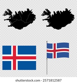 Set of maps, flag and flagpole of Iceland. Vector illustration.
